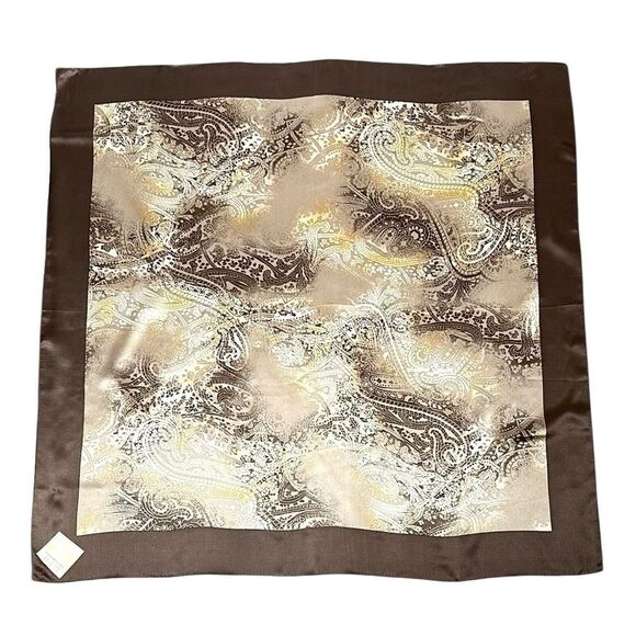 YONG DOO YEUL Korea Silk Scarf Cocoa Tan Colors Paisley Print 35x35” - Picture 2 of 11